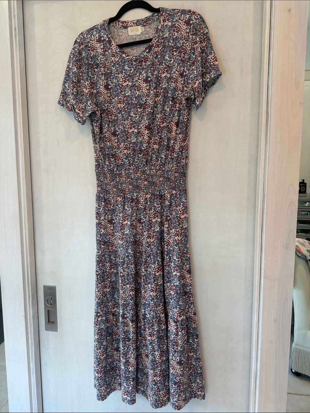 Nation LTD.  Midi Dress in Blue and Red Size Medium Gather waist.